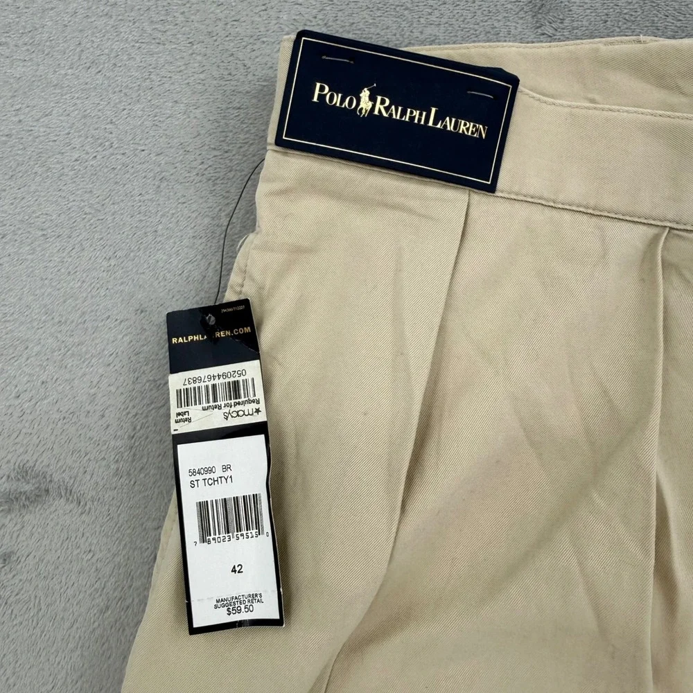 Polo Ralph Lauren Tyler Short Mens Tan Khaki Pleated 100% Cotton Twill Size 42‎